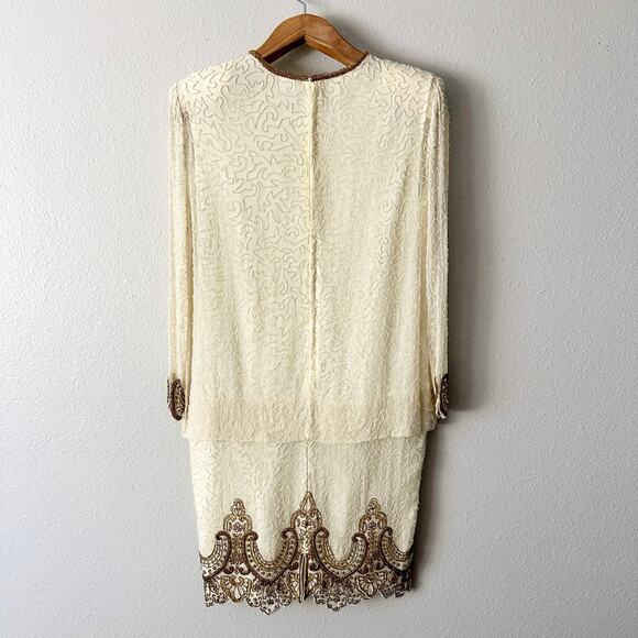 Vintage Night Vogue Cream Silk Beaded Gold Ornate Dress Women’s Size Medium - Picture 7 of 15